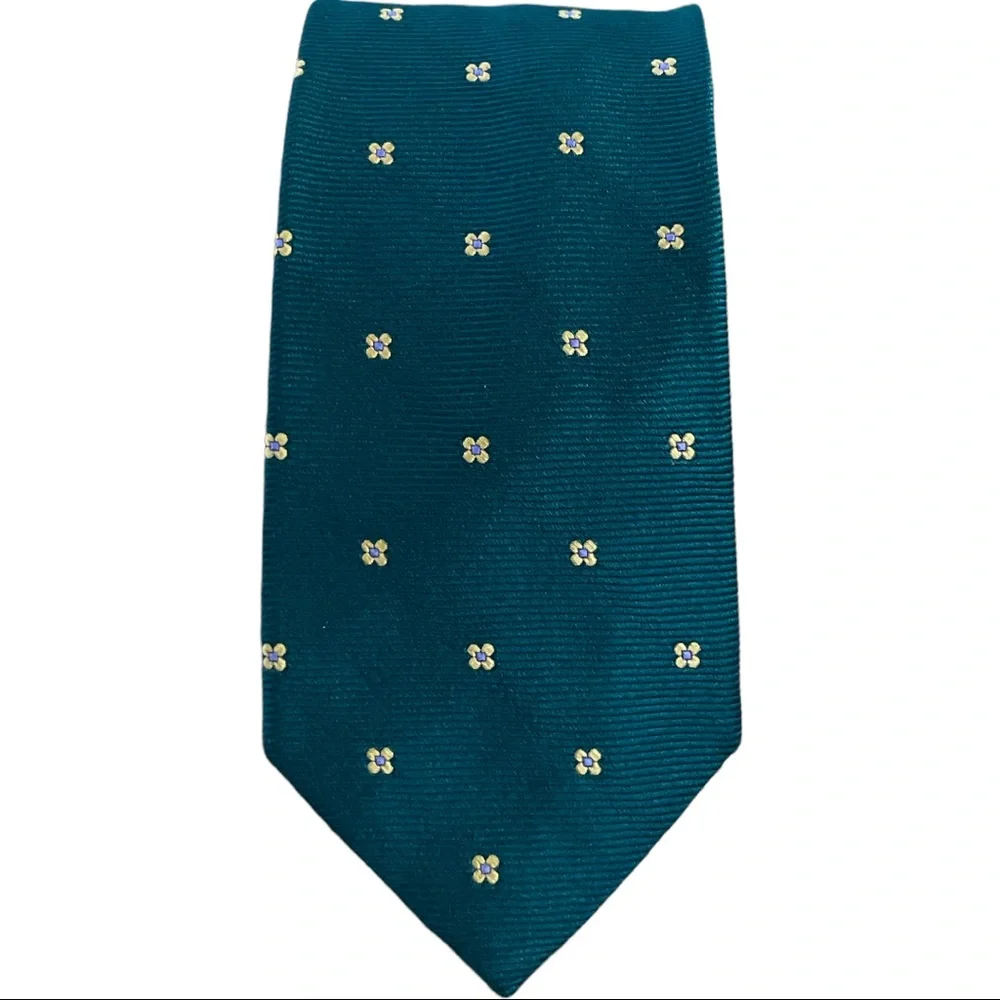 Brooks Brothers Teal Silk Tie with Small Yellow & White Flower Motif